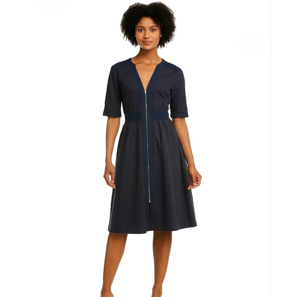 eShakti Women's M 8 Navy Blue Short Sleeve Zip Front Fit Flare Dress